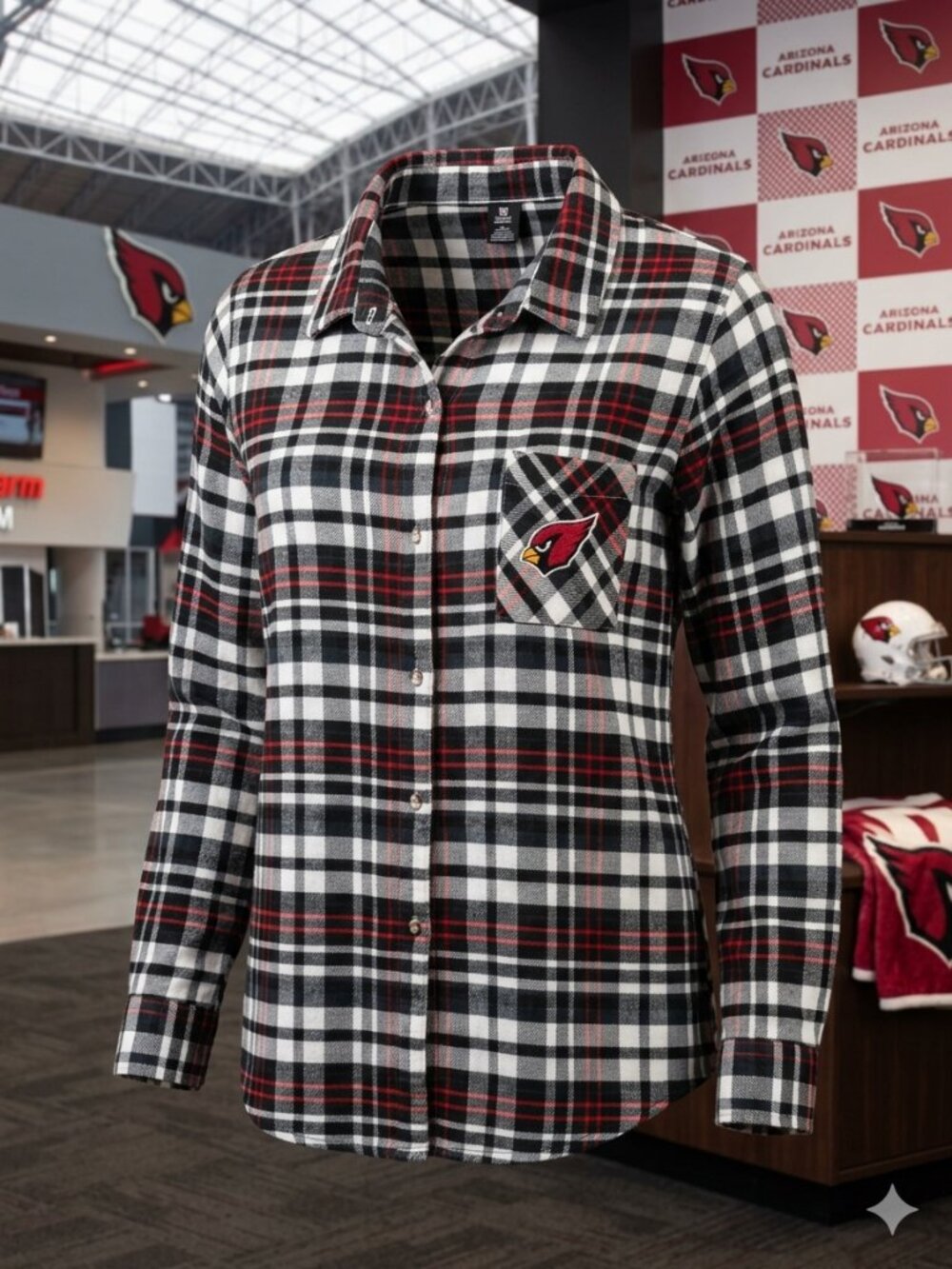 Women's Arizona Cardinals Mainstay Plaid Full-Button Long Sleeve Nightshirt LRG